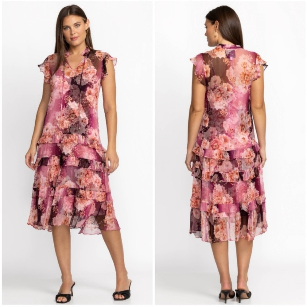 Johnny Was Carina Silk Short Sleeve Midi Dress Pink Floral‎ Size Medium